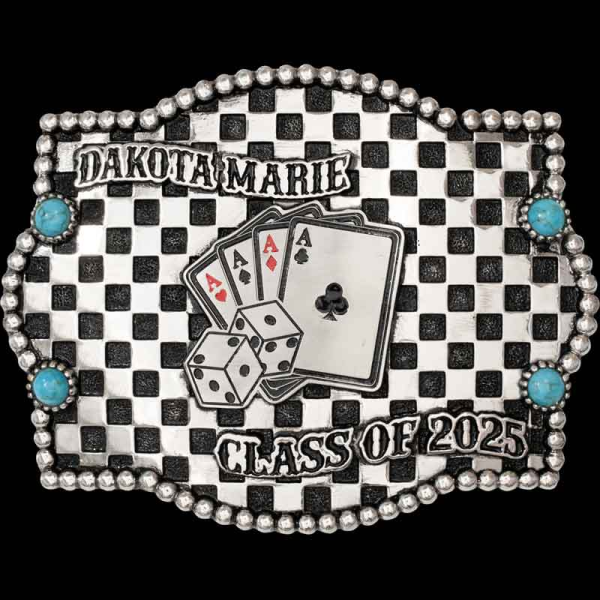 "The punchiest Class Belt Buckle you can find! This unique buckle is crafted with a checkerboard background, German Silver beaded border and turquoise stones. The western-style lettering is finished with our signature enamel. And lastly, the icing on